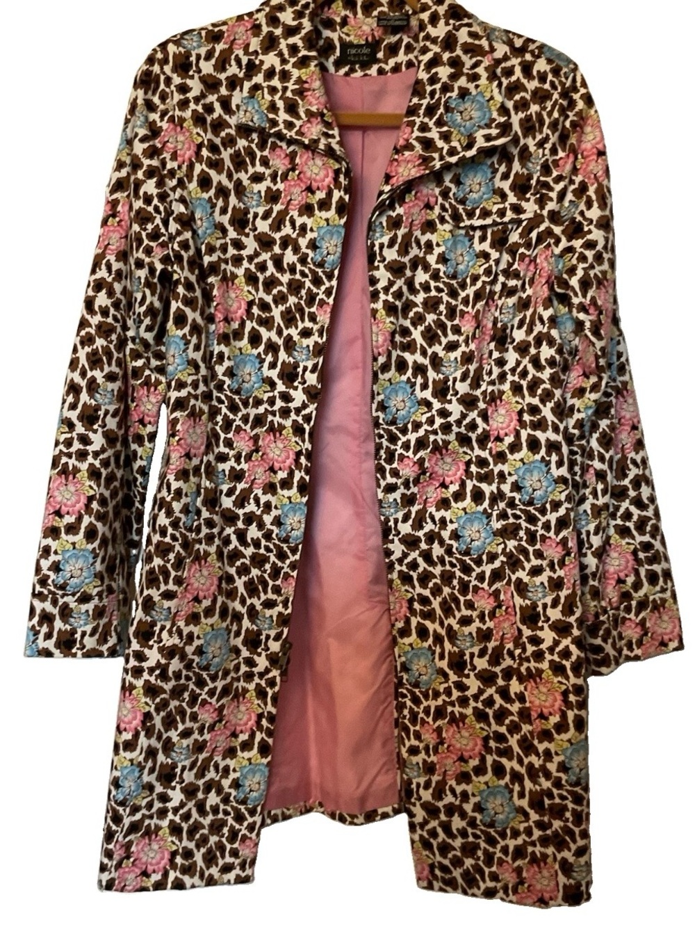 Nicole Miller Multicolor Floral Leopard Trench Coat Knee Length Size 12